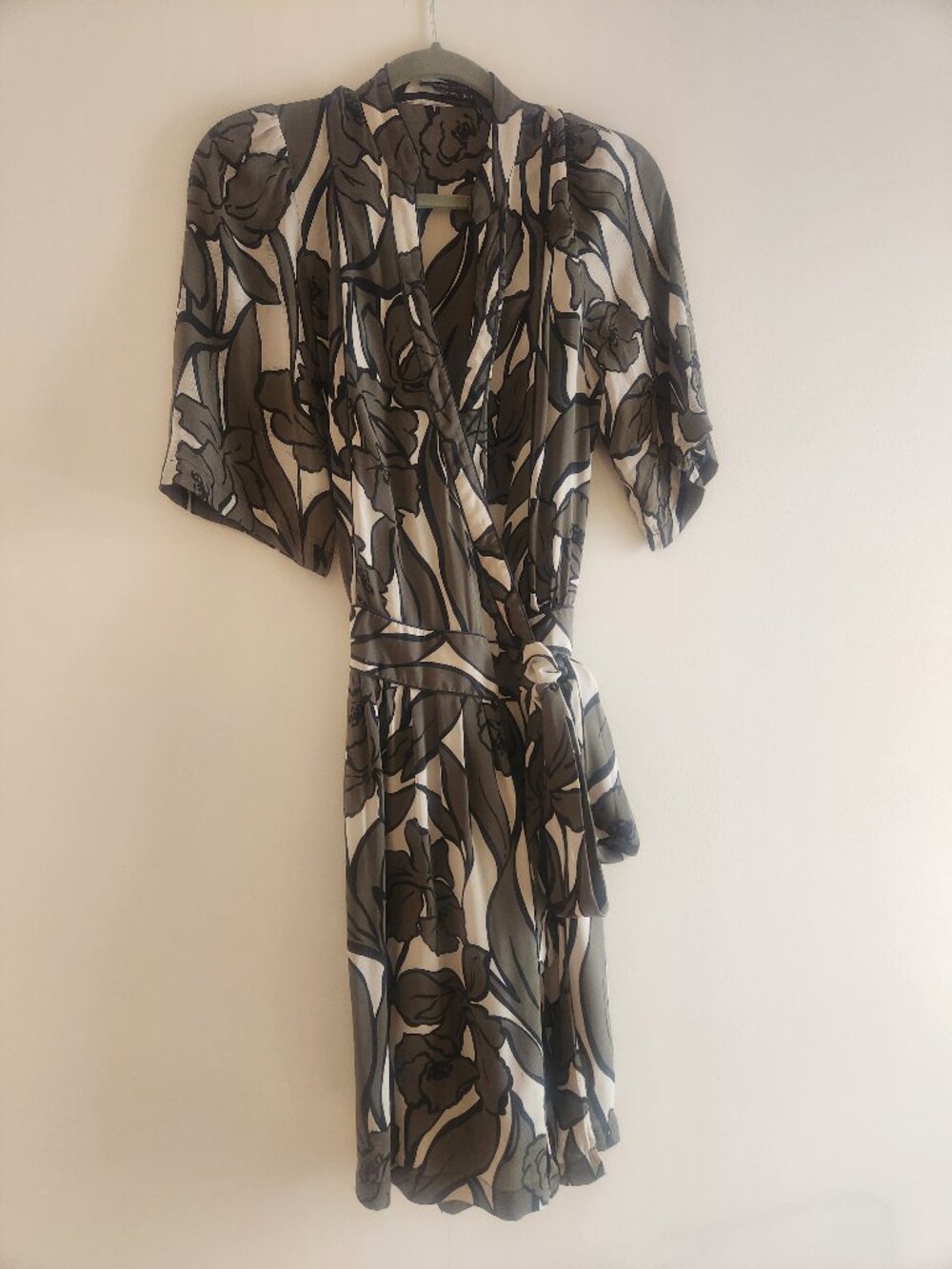 BCBGMaxAzria Olive, Black & Cream Floral Wrap Midi Dress with Tie Waist